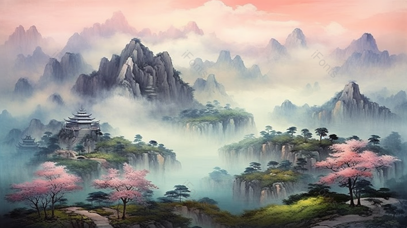 国潮风黄鹤楼地标建筑山峰上茂盛的绿林树木插画,插画/手绘图,插画/手绘图库,插画/手绘图下载,插画/手绘